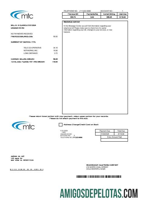 imprimível Modelo de fatura de serviços públicos comerciais dos EUA Illinois MTC em formatos Word e PDF